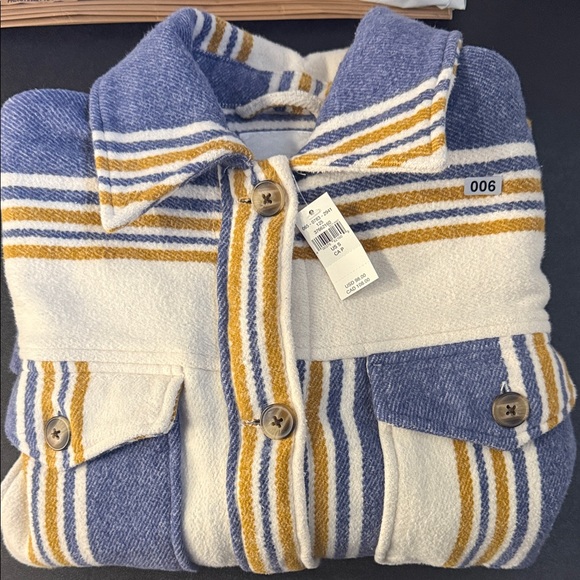 Aerie Oversized Heavy Flannel Striped Shirt Jacket Cream Blue Mustard Small - Picture 16 of 16